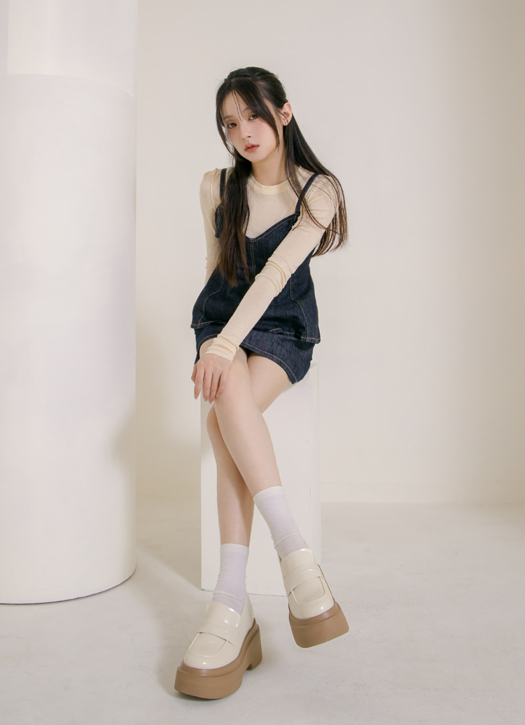 GraceGift平價女鞋 摩登比例 內增高 輕量厚底 樂福鞋 杏