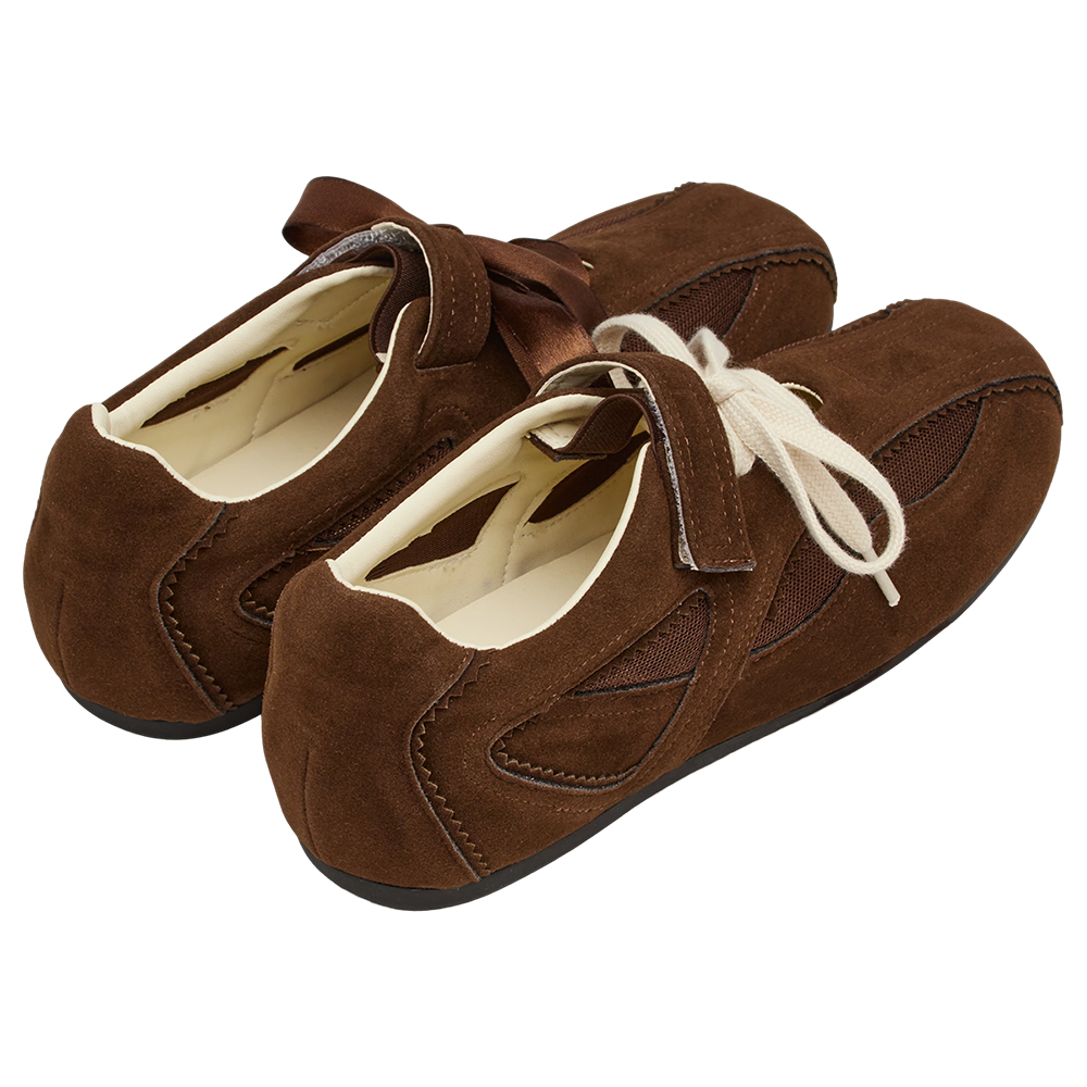 芭蕾少女方頭2WAY綁帶魔鬼氈運動鞋 咖