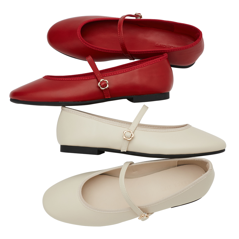 GraceGift平價女鞋 俏皮少女 素面 花釦 芭蕾舞瑪莉珍鞋 杏