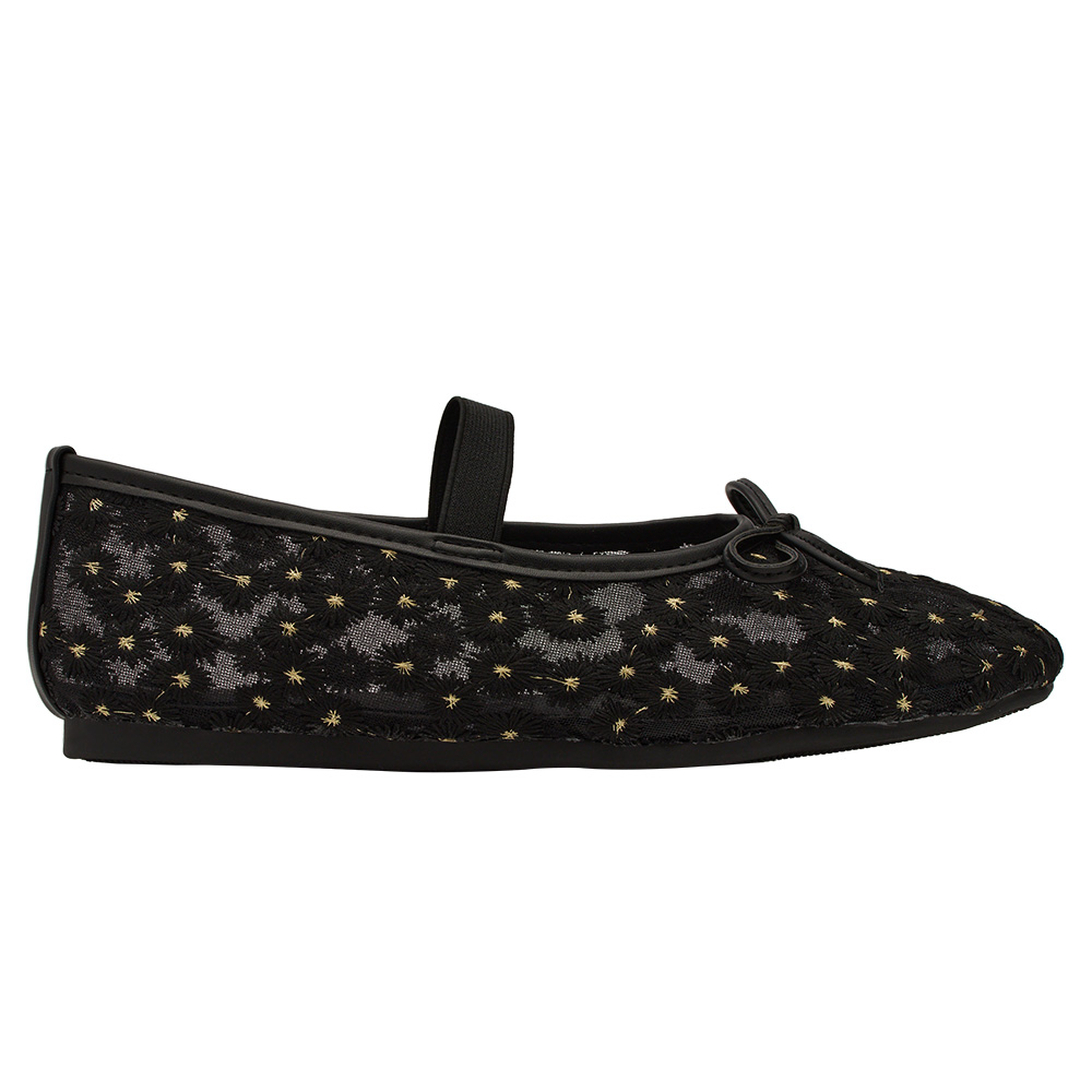 GraceGift平價女鞋 春日花園 蝴蝶結網紗 平底瑪莉珍鞋 黑色