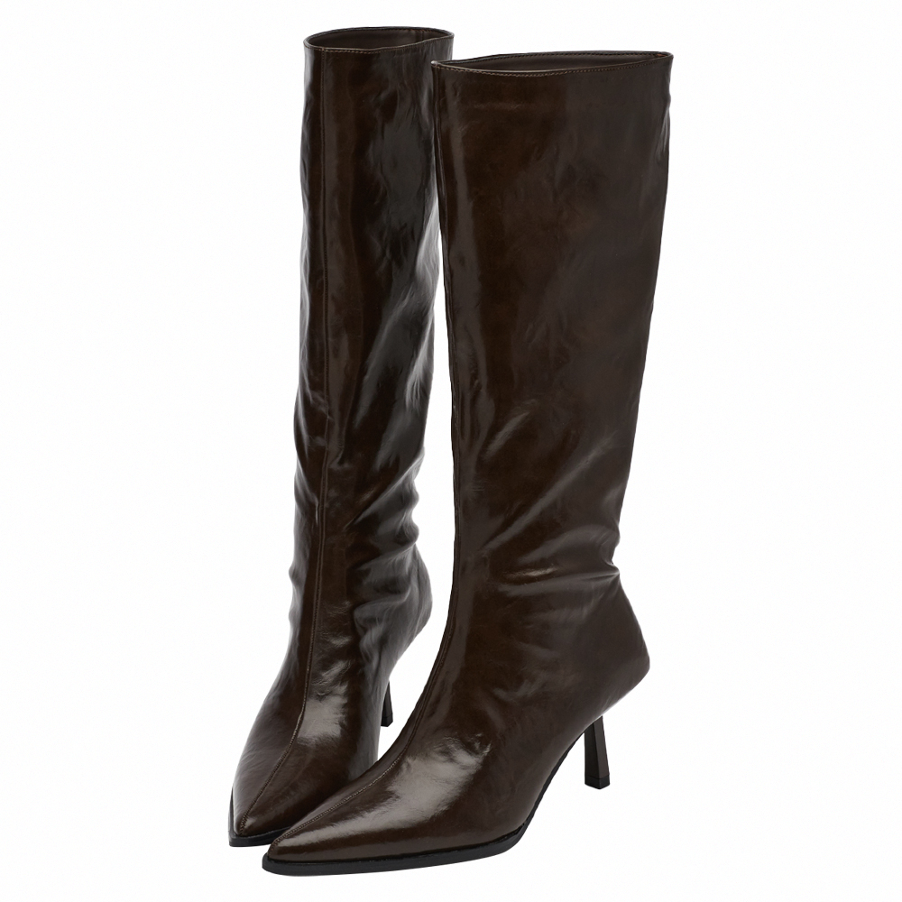 悅悅聯名-高級冷感漆皮尖頭細跟及膝長靴 咖