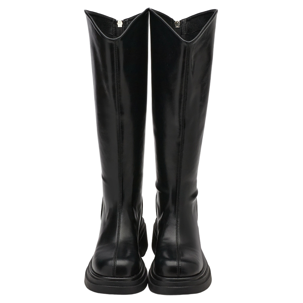 V口顯瘦(加寬筒圍)後拉圓頭厚底長靴 黑