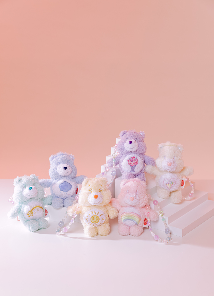 GraceGift CareBears聯名 Care Bears彩虹熊 棉花糖系列毛絨玩偶手機串珠吊飾一中盒