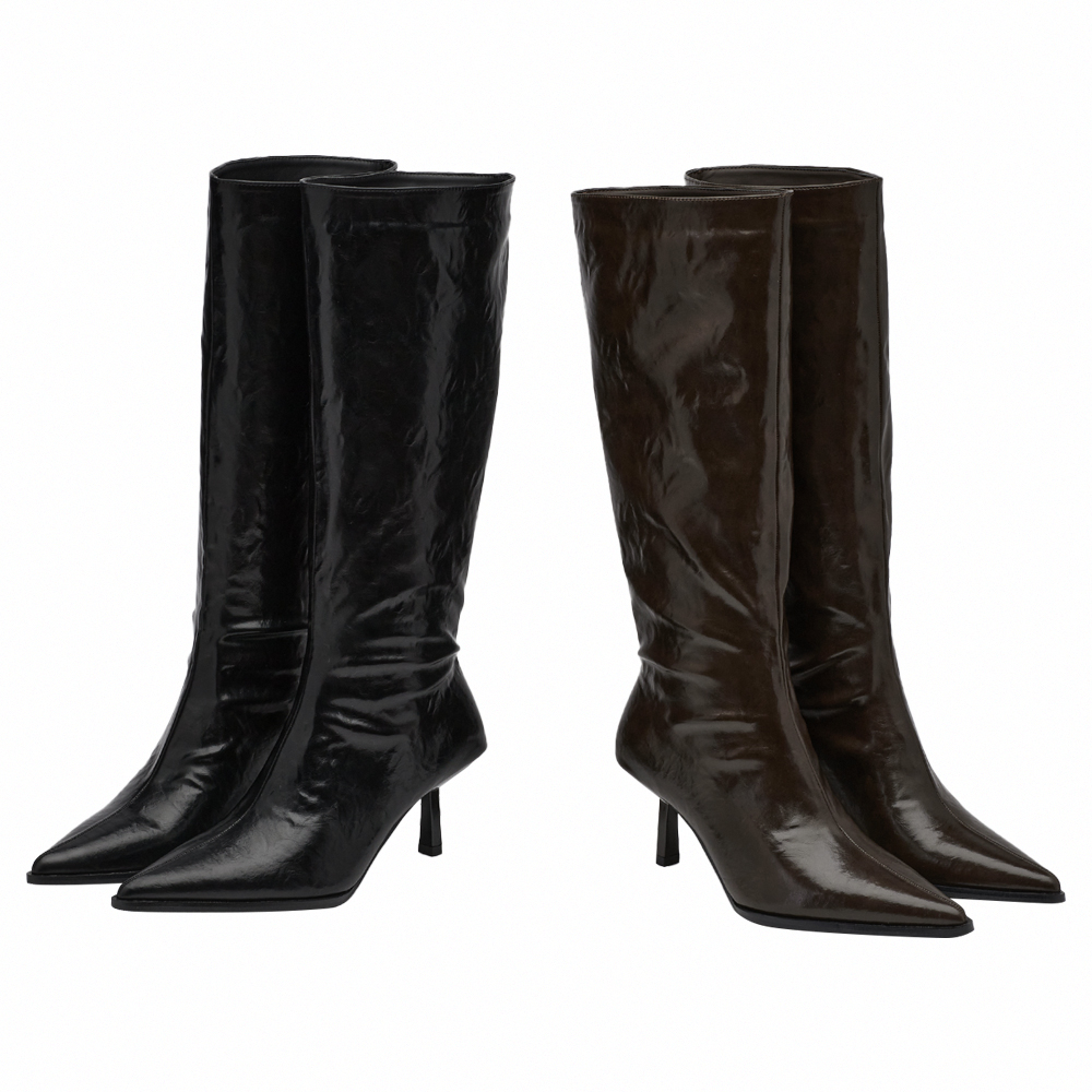 悅悅聯名-高級冷感漆皮尖頭細跟及膝長靴 黑