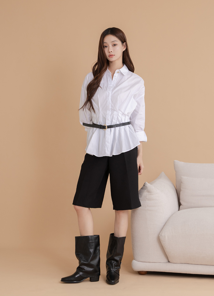 Grace Gift 90s復古釦帶5cm內增高尖頭黑色褲管中筒靴