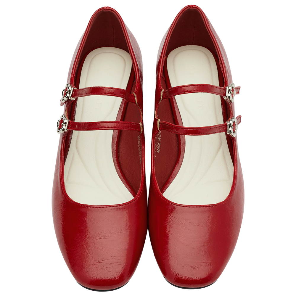 GraceGift平價女鞋 時尚秀場 方圓頭 瑪黑穿搭小花扣環雙帶中跟瑪莉珍鞋 正紅色