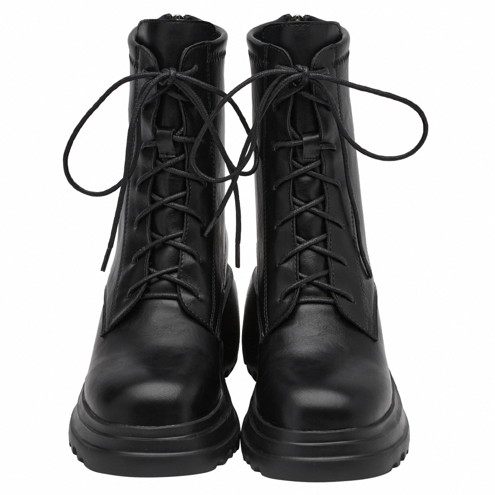 韓團必備圓頭輕量厚底綁帶短靴 黑