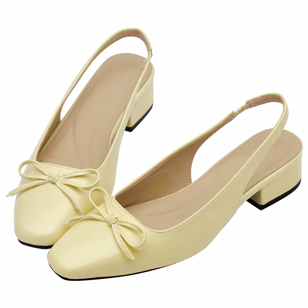 GraceGift平價女鞋 時尚秀場 方頭 韓系清新蝴蝶結後空跟鞋 黃色