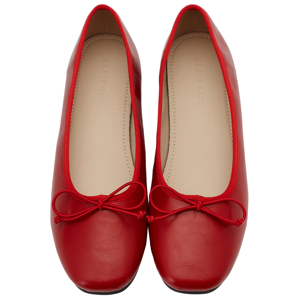GraceGift平價女鞋 時尚秀場 方圓頭 法式經典蝴蝶結芭蕾舞平底娃娃鞋 正紅色