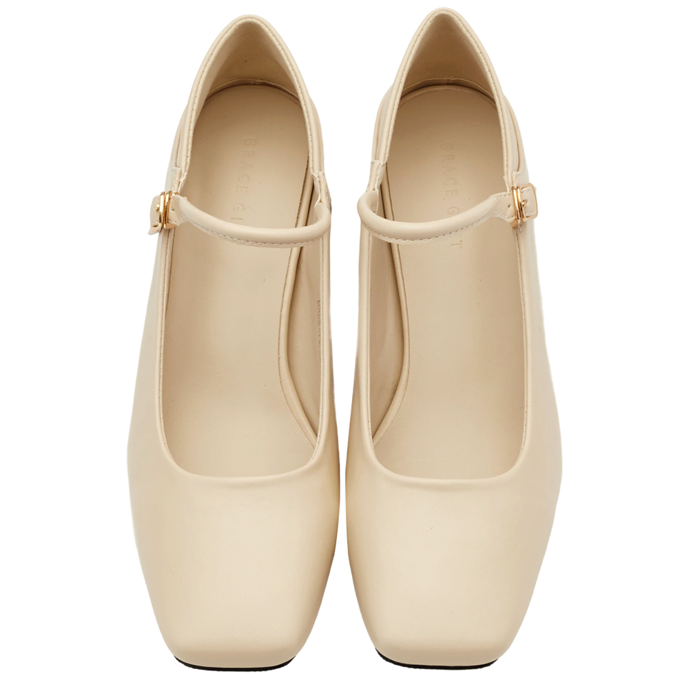 GraceGift平價女鞋 銀河系 方頭 中高跟 瑪莉珍芭蕾舞鞋 米白