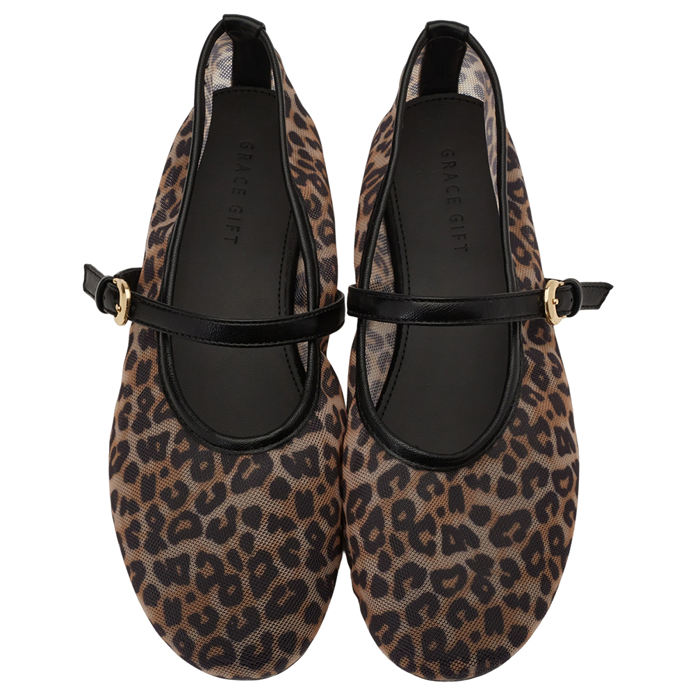 GraceGift平價女鞋 名人時尚 透膚網面 平底瑪莉珍鞋 豹紋