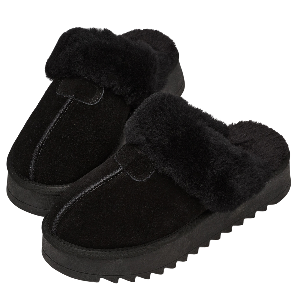 韓妞時尚牛麂皮羊毛厚底雪地拖鞋 黑