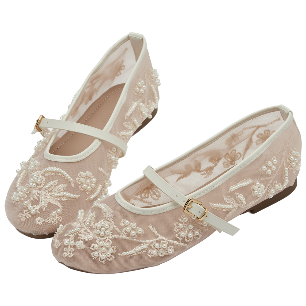 GraceGift平價女鞋 時尚秀場 圓頭 浪漫珍珠繡花網紗平底瑪莉珍鞋 杏色