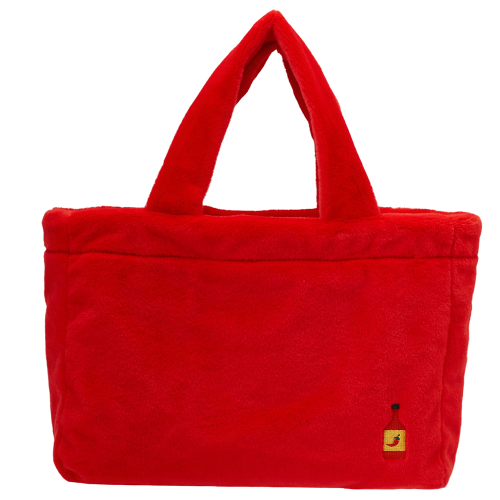 Grace Gift 平價女鞋 Wasabi Bear 聯名 辣椒醬熊 格紋絨毛電繡 托特包 正紅色 實拍圖