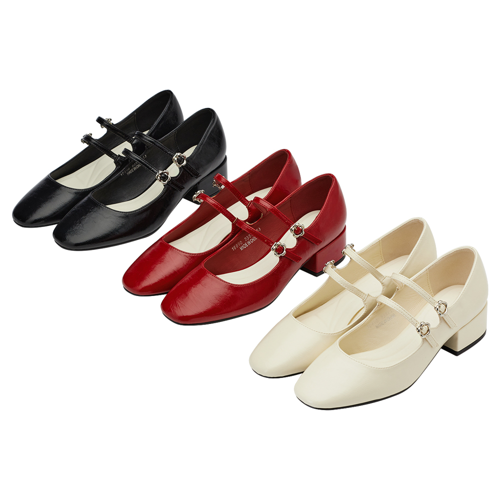 GraceGift平價女鞋 時尚秀場 方圓頭 瑪黑穿搭小花扣環雙帶中跟瑪莉珍鞋 黑色