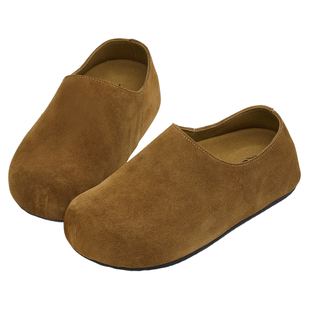 李柔聯名-慵懶共存圓頭牛麂皮懶人拖鞋 棕