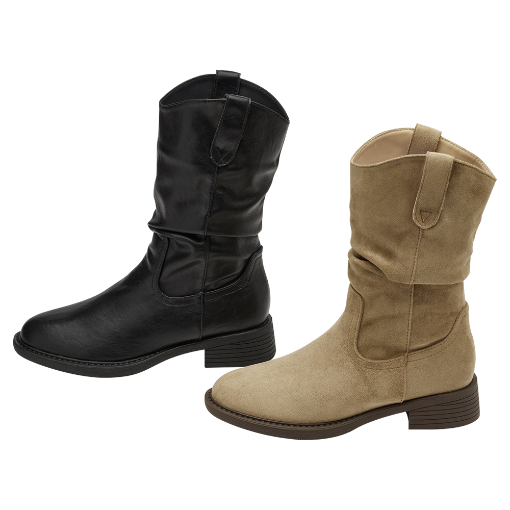 秋日復古皮革V口抓皺西部堆堆靴 淺駝