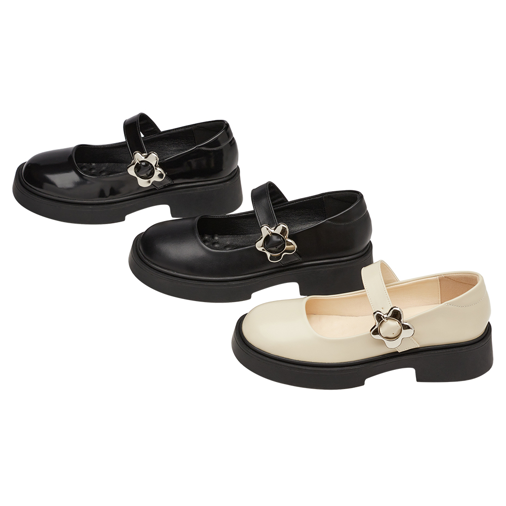 甜酷少女金屬小花扣輕量瑪莉珍鞋 黑