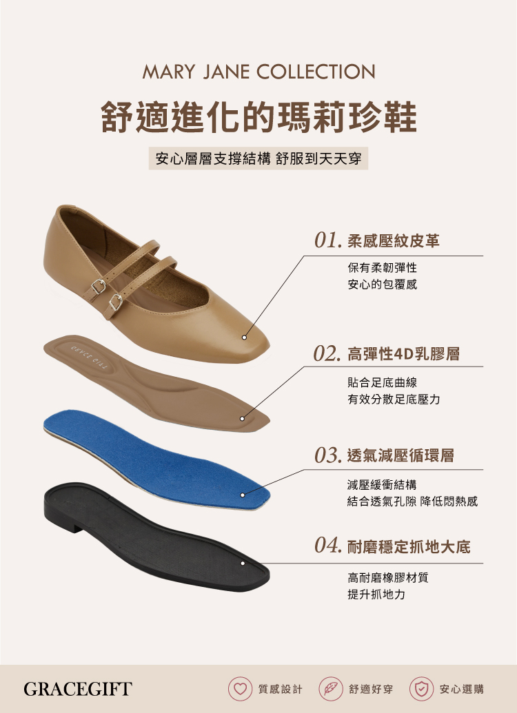GraceGift 微甜方頭瑪麗珍鞋 雙帶瑪莉珍 卡其色 實拍圖