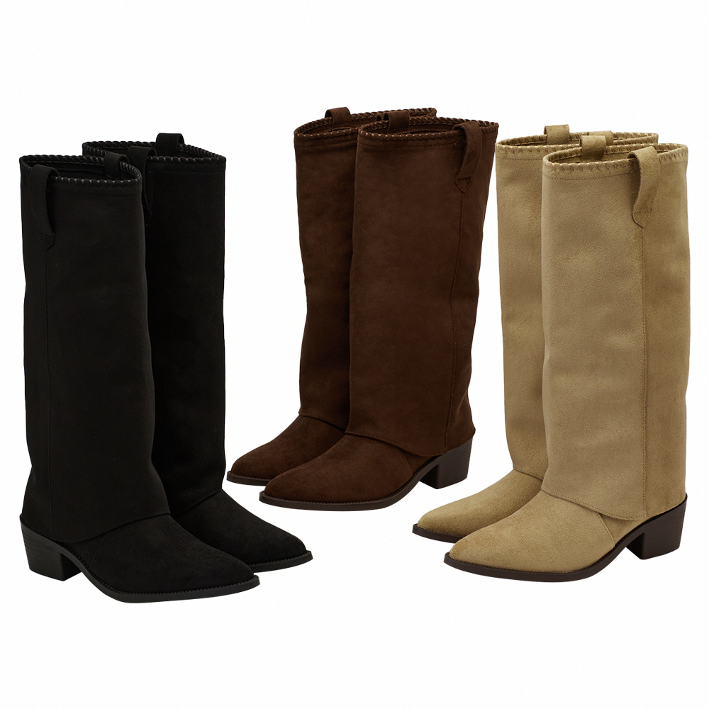 超模尖頭絨布2way可拆式褲管西部長靴 黑