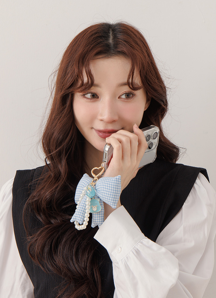 GraceGift CareBears聯名 晚安小熊 Ribbon系列 格紋蝴蝶結珍珠手機鍊 藍