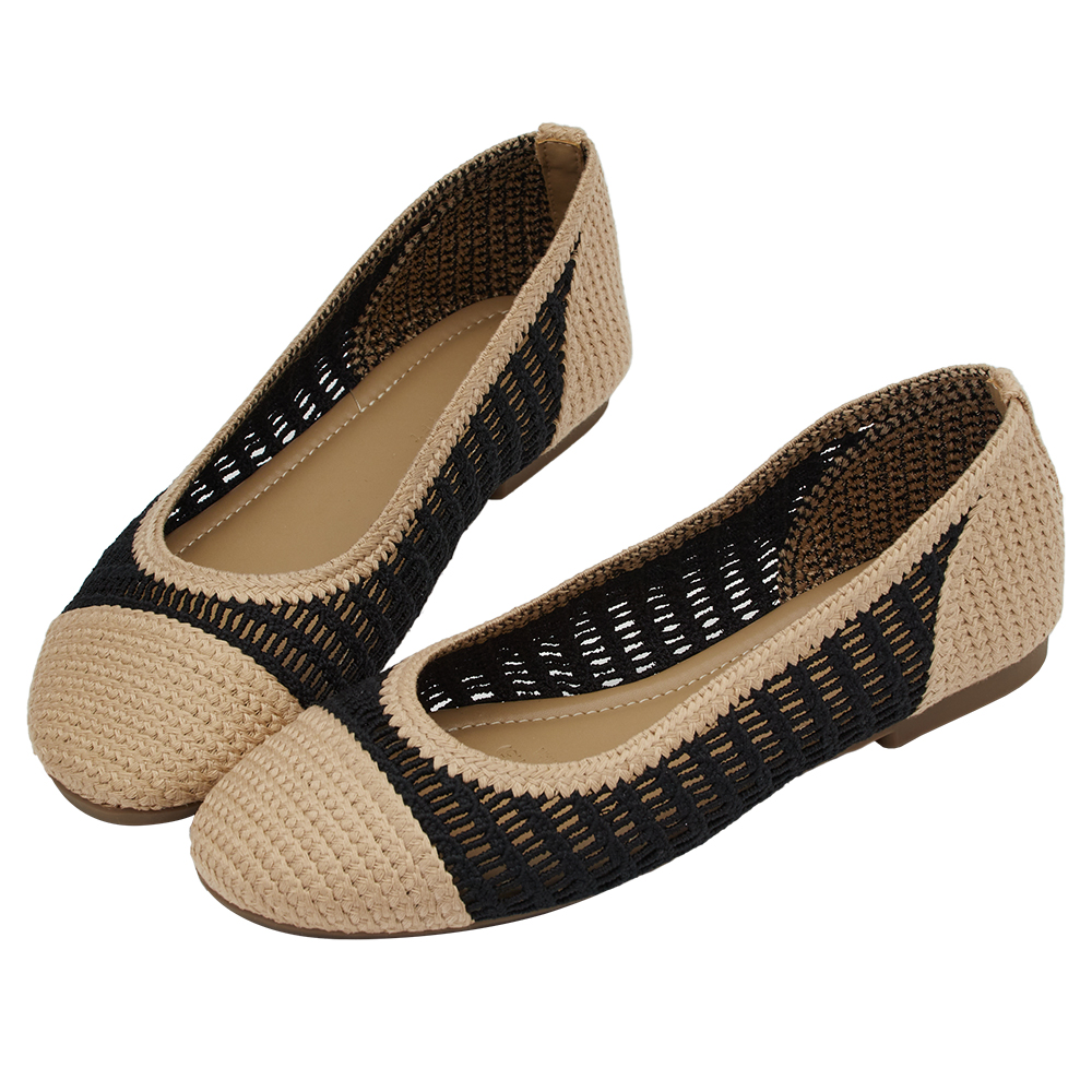 GraceGift 平價女鞋 時尚秀場 圓頭 法式輕透編織拼色平底娃娃鞋 黑色