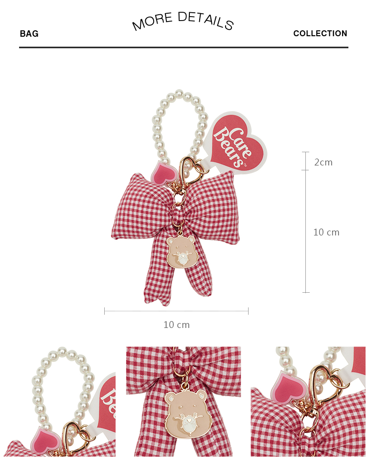 GraceGift CareBears聯名 溫柔小熊 Ribbon系列 格紋蝴蝶結珍珠手機鍊 紅