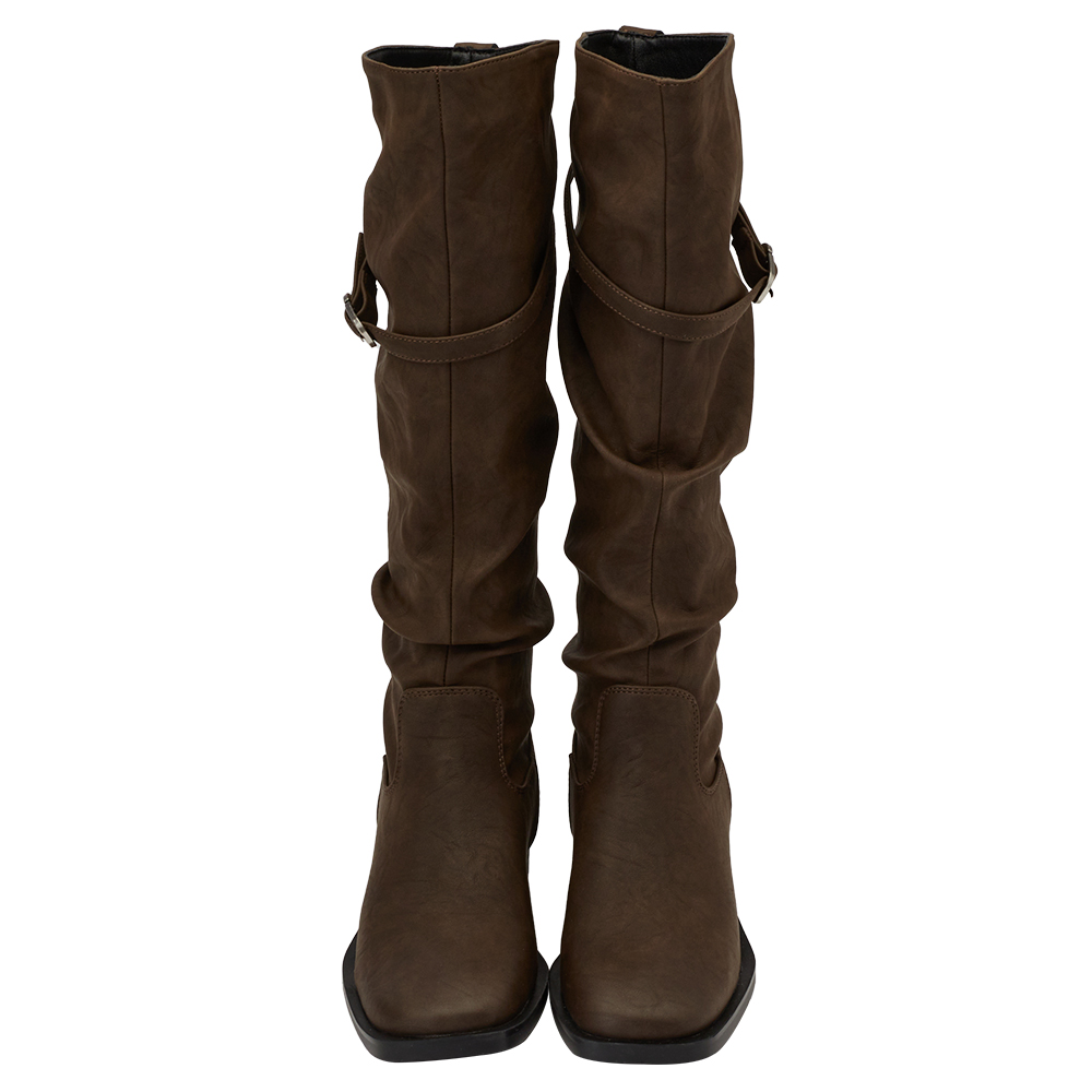 韓系層次方頭2way皮帶環堆堆機車長靴 棕