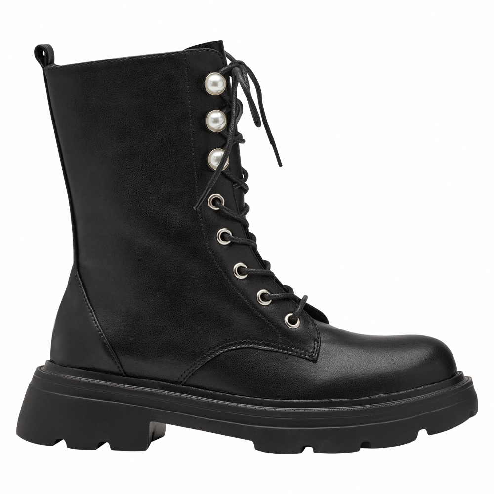 小貓聯名-名媛微光珍珠輕量厚底綁帶靴 黑