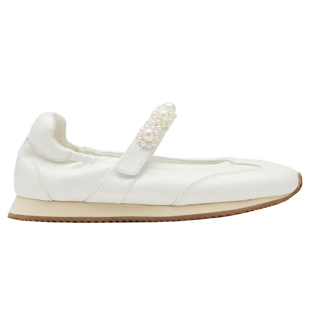 珍珠小花條帶魔鬼氈芭蕾舞瑪莉珍鞋 米白