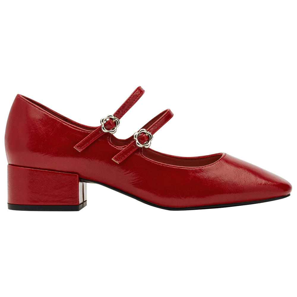 GraceGift平價女鞋 時尚秀場 方圓頭 瑪黑穿搭小花扣環雙帶中跟瑪莉珍鞋 正紅色