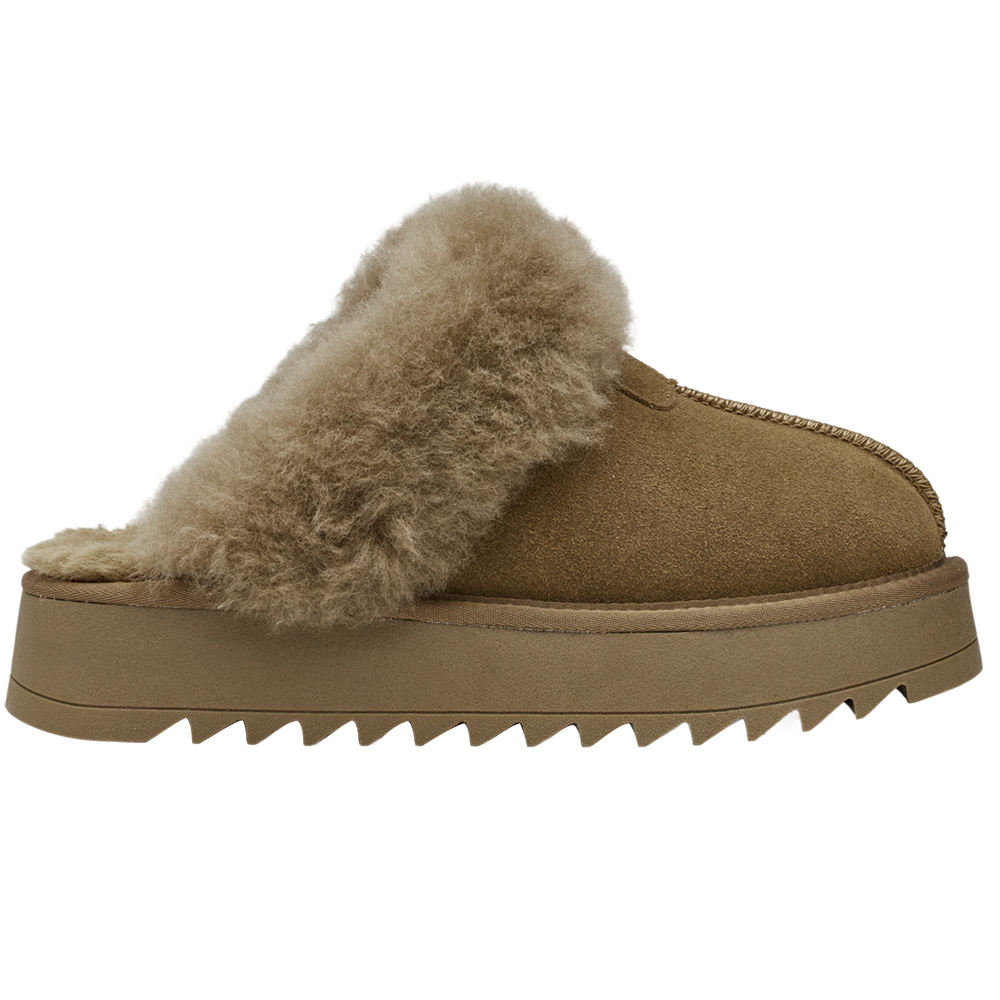 韓妞時尚牛麂皮羊毛厚底雪地拖鞋 灰