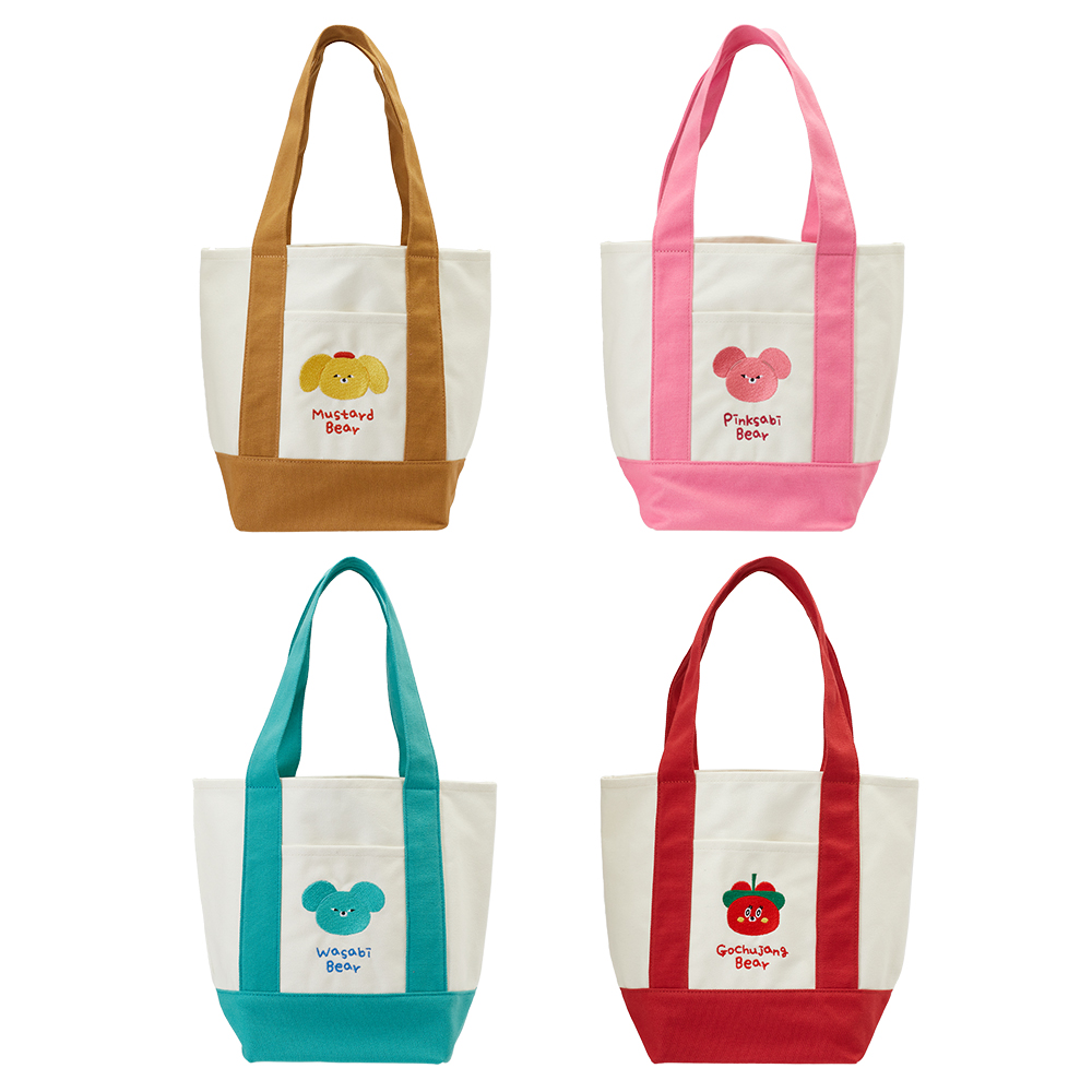 GraceGift Wasabi Bear聯名 黃芥末熊 撞色口袋肩背帆布包 咖色