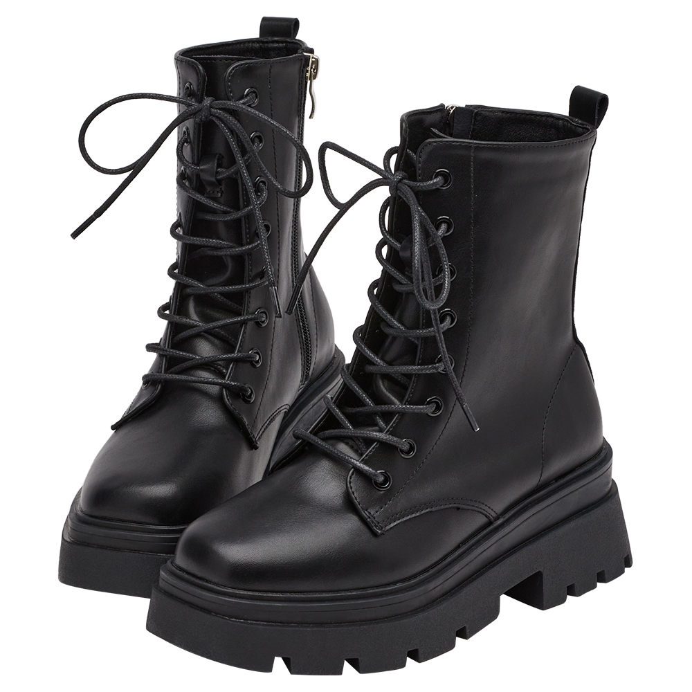 叛逆潮流方頭鬆糕厚底綁帶靴 黑
