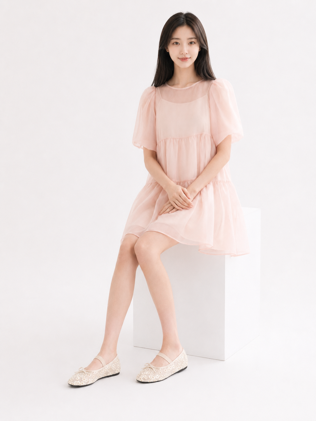 GraceGift平價女鞋 春日花園 蝴蝶結網紗 平底瑪莉珍鞋 杏色