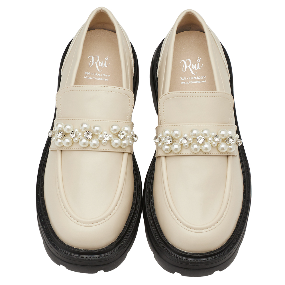 小貓聯名-奢耀珍珠水鑽輕量厚底樂福鞋 米白