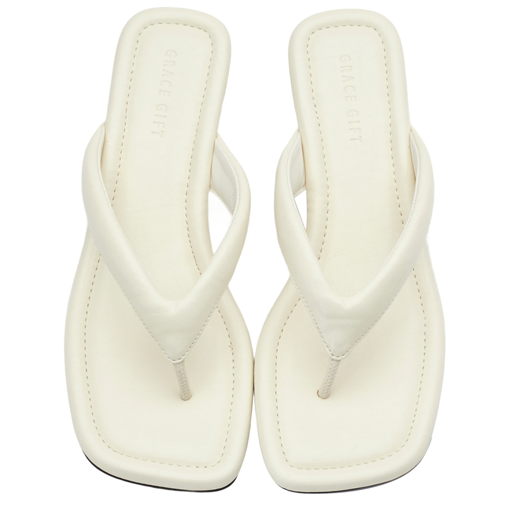 GraceGift 平價女鞋 時尚秀場 方頭 韓系慵懶人字中跟拖鞋 米白色