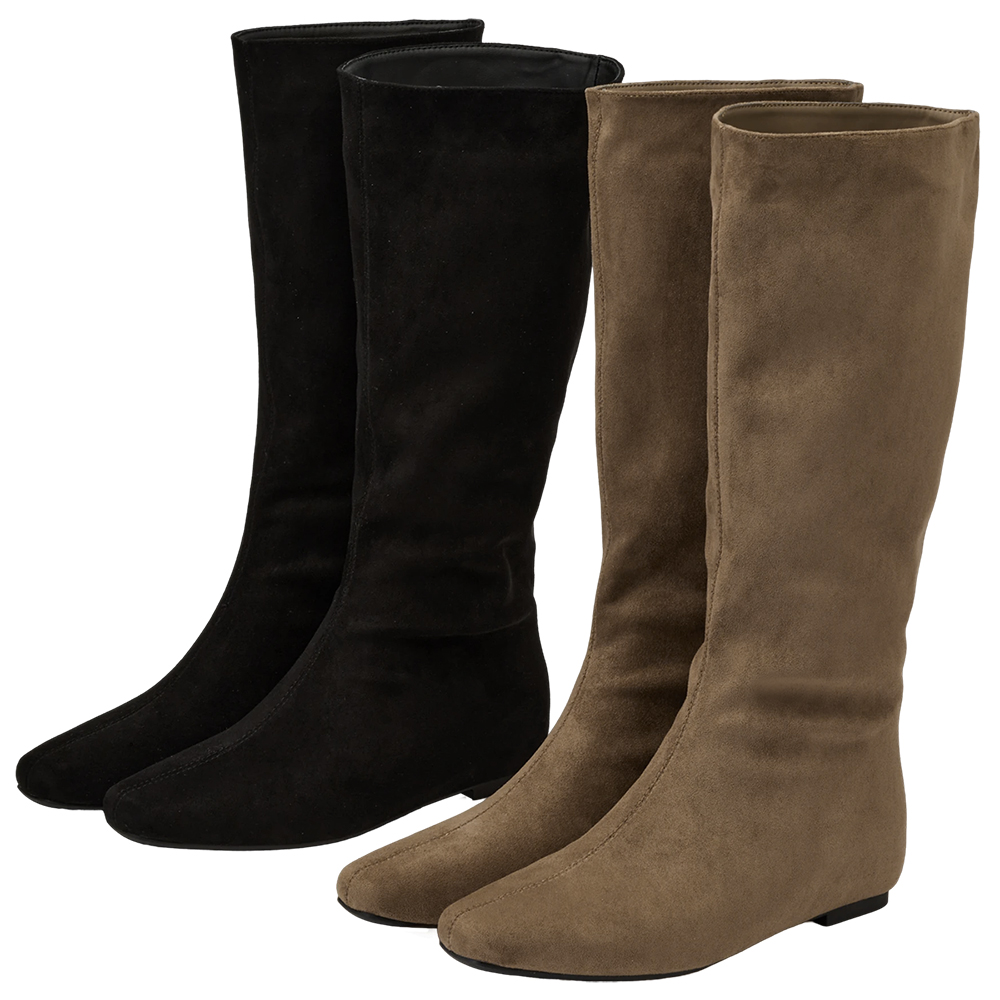 柔感美腿方頭絨布內增高堆堆長靴 黑