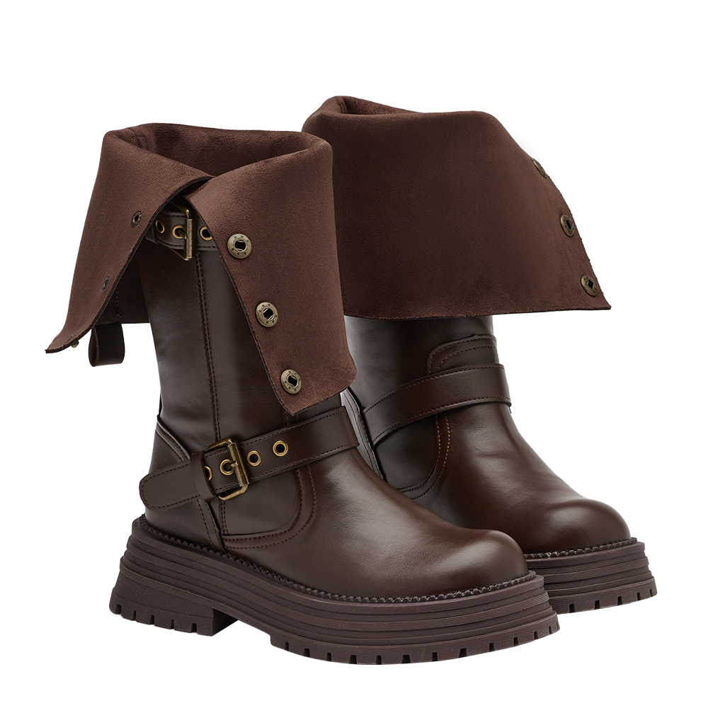 聖水街頭2WAY反折皮帶卯釘顯瘦長靴 咖