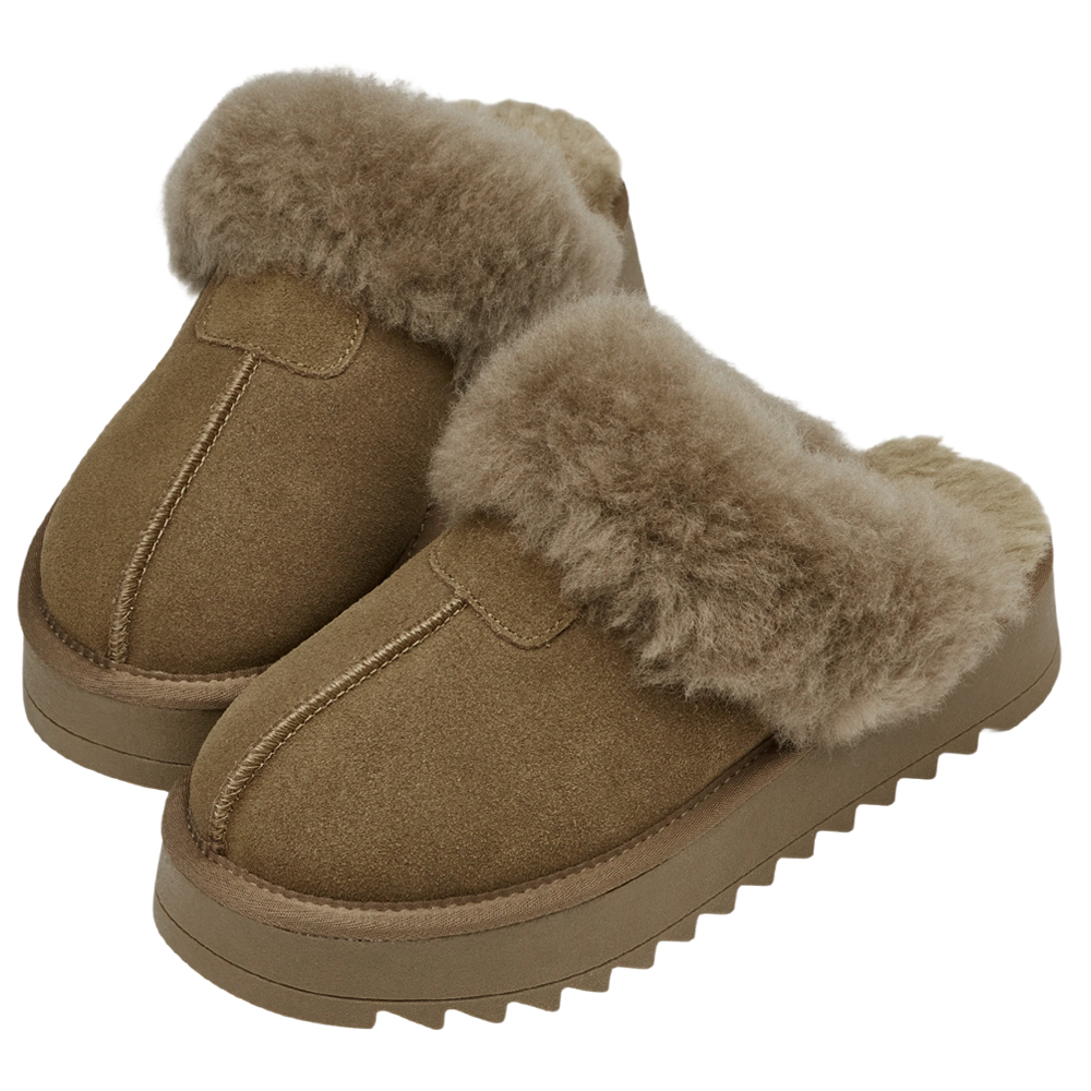 韓妞時尚牛麂皮羊毛厚底雪地拖鞋 灰