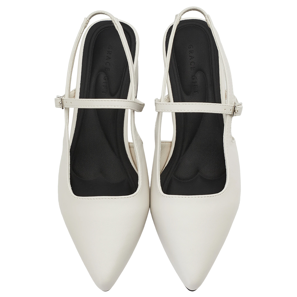 GraceGift平價女鞋 時尚秀場 尖頭  韓系尖頭通勤百搭後空低跟鞋 米白色