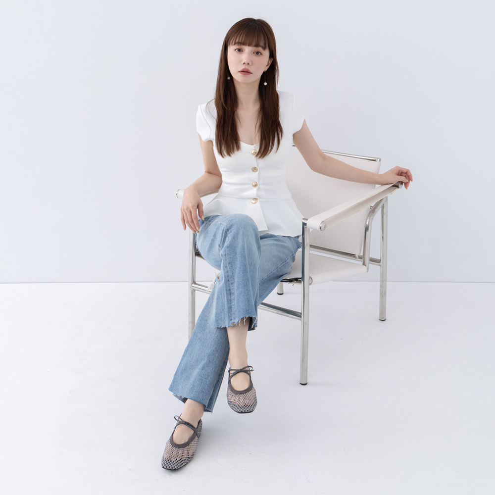 GraceGift平價女鞋 手工訂製亮鑽蝴蝶結漁網方頭芭蕾舞鞋 灰