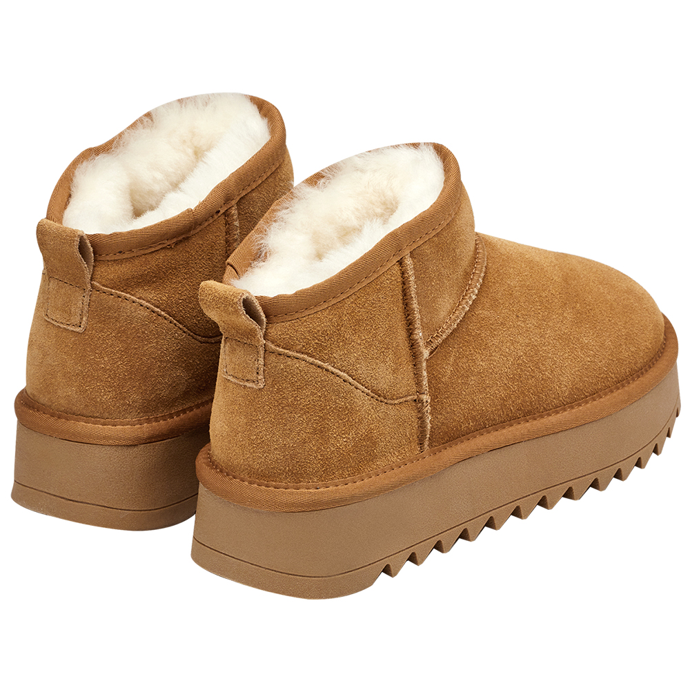 保暖神器暖絨牛麂皮短筒厚底雪靴 栗子