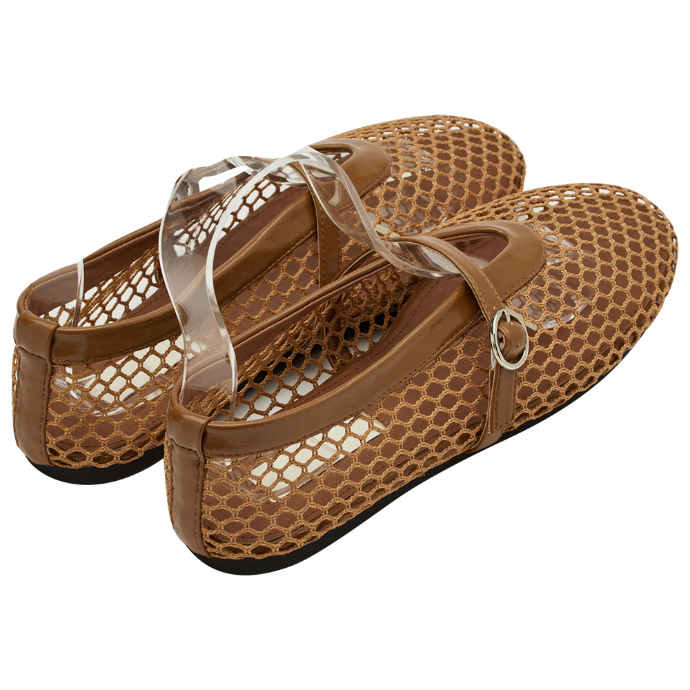 GraceGift 平價女鞋 個性網面 細閃芭蕾舞娃娃鞋 棕色 平底娃娃鞋 實拍圖