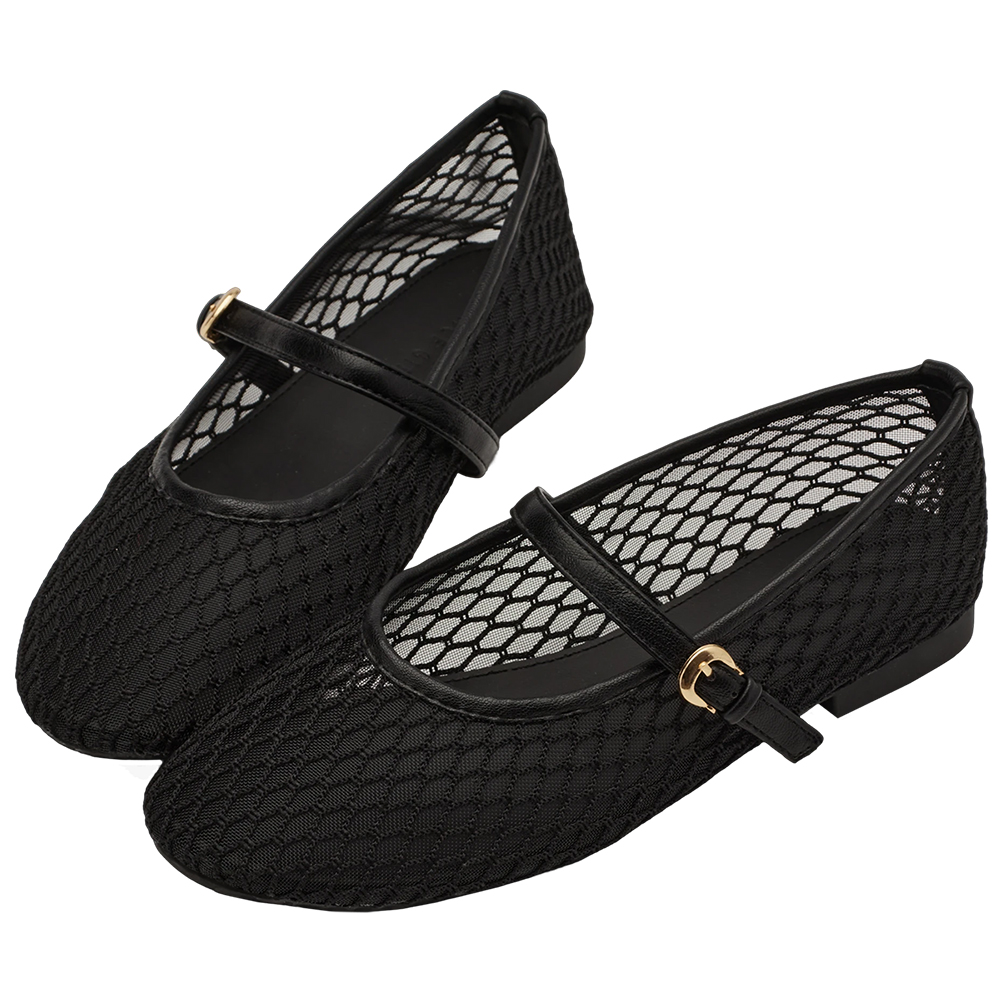 GraceGift平價女鞋 名人時尚 透膚網面 平底瑪莉珍鞋 黑色