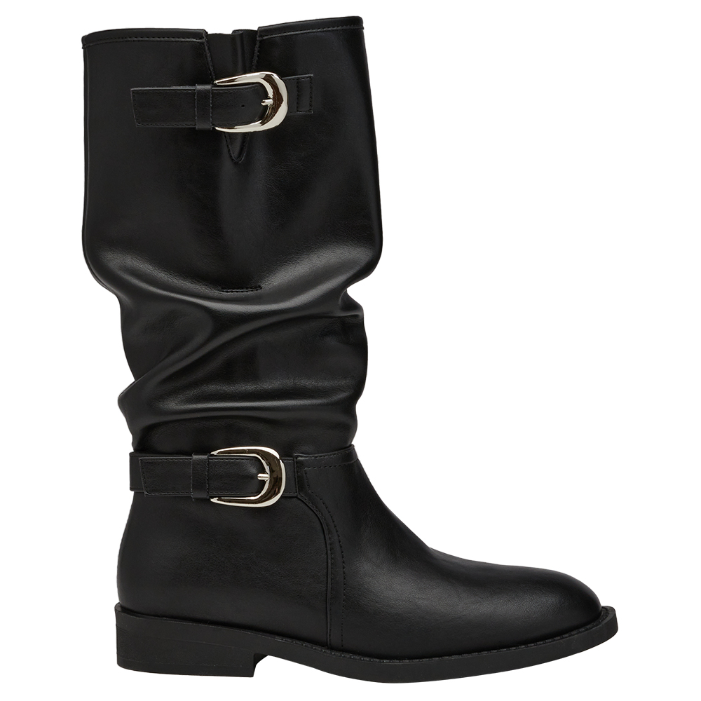 慵懶隨性皮革雙層皮帶扣堆堆長靴 黑