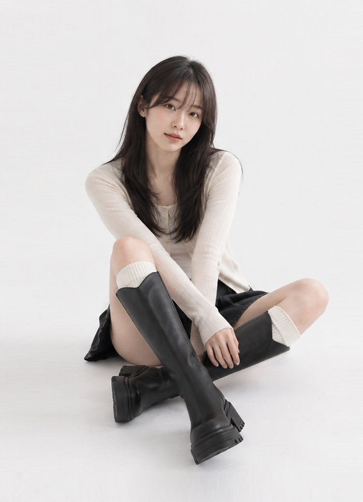Grace Gift 平價女鞋 氣場長腿V口內增高輕量鋸齒長靴 黑色 厚底長靴 實拍圖