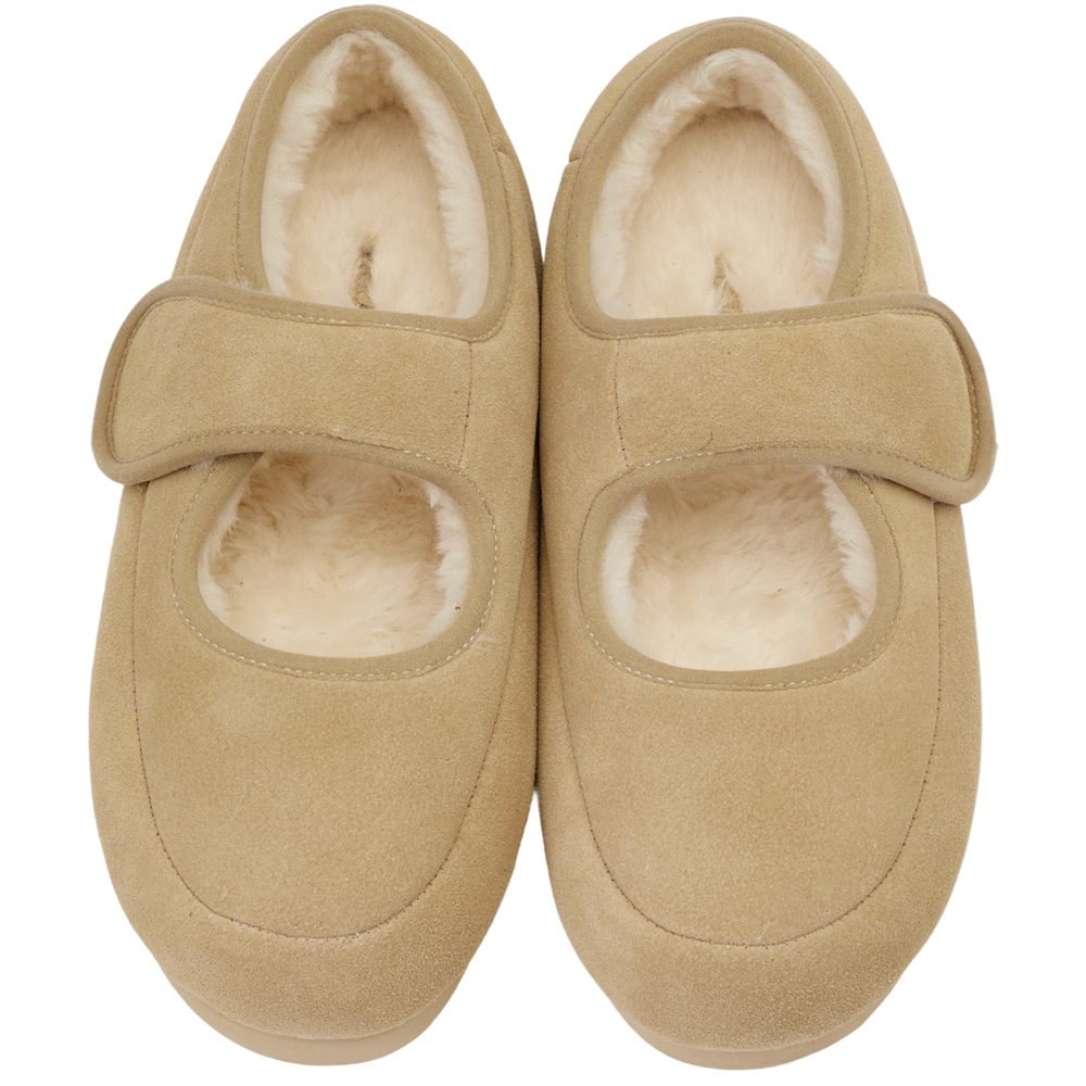 輕甜冬日真皮毛毛輕量瑪莉珍平底鞋 杏