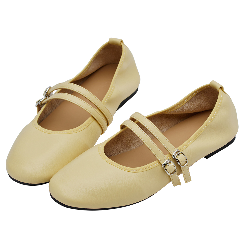 GraceGift平價女鞋 時尚秀場 圓頭 奶油雲朵極軟加厚乳膠芭蕾瑪莉珍鞋 淺黃色