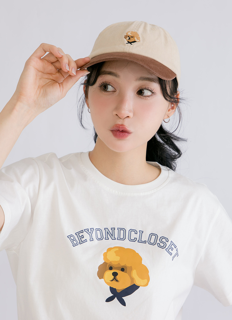 韓國 Beyond Closet 貴賓刺繡拼接休閒棒球帽 深杏